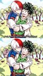  2boys belt blush boku_no_hero_academia burn_scar cloud collared_shirt commentary_request day english freckles gloves grass green_hair hug hug_from_behind long_sleeves looking_at_another male_focus meme midoriya_izuku multicolored_hair multiple_boys outdoors pants red_hair reiquil scar shirt sky smile split_screen surprised sweatdrop todoroki_shouto tree two-tone_hair upper_body vest white_hair wide-eyed 