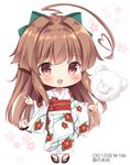 :d ahoge alternate_costume artist_name bad_id bad_pixiv_id blush brown_eyes brown_hair cotton_candy fang floral_background floral_print food holding holding_food japanese_clothes kantai_collection kimono kuma_(kantai_collection) long_hair masayo_(gin_no_ame) obi open_mouth sandals sash smile solo white_background yukata 