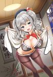  beret black_hat black_legwear blue_eyes blush bra breasts ceiling_light commentary_request cover cover_page crotch_seam doujin_cover frilled_bra frilled_panties frills hat highres jacket kantai_collection kashima_(kantai_collection) large_breasts leaning_forward long_hair looking_at_viewer open_clothes open_mouth panties pantyhose pink_bra pink_panties scroll side-tie_panties sidelocks silver_hair smile solo thighband_pantyhose tsukimi_daifuku twintails underwear wavy_hair white_jacket window 