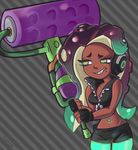  2017 bare_shoulders beauty_mark cephalopod clothing dark_skin female fingerless_gloves gloves green_eyes half-closed_eyes headphones humanoid jacket marina_(splatoon) marine meme navel nesh nintendo not_furry octoling octopus smile solo splatoon tentacle_hair tentacles video_games weapon 