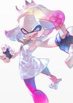  :d crown domino_mask dress fang fingerless_gloves full_body gloves hime_(splatoon) looking_at_viewer looking_back mask multicolored_hair open_mouth outstretched_arm pantyhose pink_hair pink_legwear short_eyebrows simple_background smile solo splatoon_(series) splatoon_2 symbol-shaped_pupils teeth tentacle_hair two-tone_hair wadanaka white_background white_hair yellow_eyes zipper 