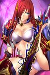  armor bikini_armor blue_eyes breasts cleavage hair_over_one_eye highres large_breasts long_hair miracle_hoshi original red_hair solo sword very_long_hair weapon 