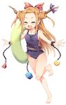  :d alternate_hairstyle bare_legs barefoot belt blue_ribbon blush bow chain closed_eyes cuffs double_bun forehead full_body green_innertube hair_bow highres horn_ribbon horns ibuki_suika innertube leg_up long_hair maturiuta_sorato one-piece_swimsuit open_mouth orange_hair pointy_ears red_bow ribbon simple_background smile solo standing swimsuit thigh_gap touhou transparent very_long_hair white_background 