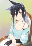  :d animal_ears bad_id bad_pixiv_id bangs black_hair blue_shirt blush breasts chair cleavage collarbone hair_between_eyes juz looking_at_viewer open_mouth orange_eyes original shirt short_eyebrows sidelocks sitting skirt sleeves_past_wrists small_breasts smile solo teeth thick_eyebrows upper_body white_skirt 