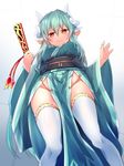  aqua_hair blush breasts closed_mouth cowboy_shot eyebrows_visible_through_hair fate/grand_order fate_(series) from_below hair_ornament highres horns japanese_clothes kimono kiyohime_(fate/grand_order) long_hair looking_at_viewer looking_down medium_breasts no_panties obi sash shirasagi_rokuwa simple_background smile solo standing thighhighs yellow_eyes 