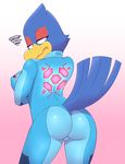  acstlu anthro avian big_breasts big_butt bird blue_feathers breasts butt clothed clothing crossgender crossover falco_lombardi feathers female hi_res looking_at_viewer metroid nintendo non-mammal_breasts solo star_fox suit video_games zero_suit zero_suit_falco 