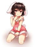  :3 alternate_costume animal_ears bangs bunny_ears bunny_tail bushi_(1622035441) carrot_necklace dress full_body highres inaba_tewi jewelry kneeling looking_at_viewer necklace off_shoulder pink_dress pocket red_eyes shadow short_dress short_hair simple_background smile socks solo strap_slip tail touhou white_background white_legwear wristband 