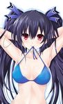  arms_behind_head bikini bikini_top black_hair blush breasts cleavage collarbone hair_between_eyes hair_ribbon holding iwasi-r long_hair looking_at_viewer medium_breasts midriff mouth_hold neptune_(series) noire red_eyes ribbon simple_background smile stomach swimsuit twintails upper_body white_background 