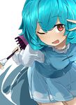  ;d arm_behind_back bangs blue_hair blue_skirt blush breasts commentary_request cowboy_shot eyebrows_visible_through_hair highres holding long_sleeves looking_at_viewer medium_breasts nose_blush one_eye_closed open_mouth red_eyes short_hair skirt smile solo tatara_kogasa touhou tyouseki v v_over_eye 