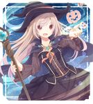  bangs black_dress blush breasts capelet commentary_request dress dutch_angle grey_hair halloween hand_up hat holding holding_staff jack-o'-lantern long_hair medium_breasts open_mouth original red_eyes smile solo staff witch witch_hat yonema 