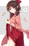  ? blush bow brown_hair cherry_blossoms commentary_request cowboy_shot drill_hair hair_bow hakama harukaze_(kantai_collection) japanese_clothes kantai_collection kimono long_hair looking_at_viewer meiji_schoolgirl_uniform pink_kimono red_bow red_eyes red_hakama sameya smile solo speech_bubble spoken_question_mark thighs twin_drills two-tone_background 