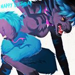  2014 anthro black_lips blue_fur blue_hair breasts featureless_breasts feline female fur hair kero_tzuki mammal monster_tail nude open_mouth simple_background solo teeth tongue white_background 