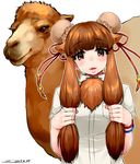  animal_ears artist_name bactrian_camel_(kemono_friends) blush brown_eyes brown_hair camel camel_ears commentary_request double_bun fur_trim happa_(cloverppd) kemono_friends long_hair open_mouth simple_background solo upper_body white_background 