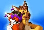  2015 ambiguous_gender anthro black_hair blue_background brown_hair canine dog duo ear_tag fox fur green_eyes hair kero_tzuki male mammal orange_fur purple_hair simple_background smile 