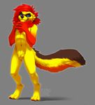  4_toes 5_fingers anthro blue_eyes canine digitigrade fox fur grey_background hair kero_tzuki male mammal nude red_hair simple_background solo standing toes yellow_fur 