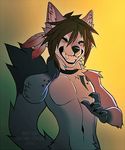 2014 anthro black_lips black_nose brown_hair canine clothed_eyes fox hair kero_tzuki male mammal simple_background smile solo teeth 