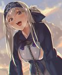  :d ainu_clothes bandana bangs blue_eyes blue_ribbon blush breasts chain chromatic_aberration cloud commentary_request cowboy_shot cropped_jacket day eyebrows_visible_through_hair folded_ponytail hair_ribbon headband kabocha_(monkey4) kamoi_(kantai_collection) kantai_collection large_breasts long_hair long_sleeves looking_at_viewer open_mouth outdoors ribbon sideboob sidelocks smile solo white_hair 