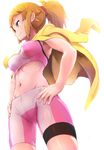  armpit_peek bike_shorts blonde_hair blue_eyes breasts brown_hair closed_mouth commentary_request covered_nipples from_below gundam gundam_build_fighters gundam_build_fighters_try hair_ornament hair_scrunchie hands_on_hips hoshino_fumina jacket jacket_on_shoulders legs_apart medium_breasts nanjin navel ponytail revision scrunchie simple_background smile solo sports_bra standing white_background yellow_jacket 