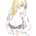  absurdres alternate_hairstyle blonde_hair blue_bra blue_eyes bra braid breasts cleavage commentary_request darjeeling dress_shirt girls_und_panzer hair_down highres lace lace-trimmed_bra looking_to_the_side medium_breasts open_clothes partially_unbuttoned shirt short_hair sketch solo underwear visible_air white_background zol_(rambling7) 