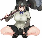  absurdres amorphous animal_ears bear_ears bear_girl bear_paw_hammer bike_shorts black_footwear black_hair black_skirt boots breasts brown_bear_(kemono_friends) brown_eyes fingerless_gloves gloves highres kemono_friends large_breasts long_sleeves looking_at_viewer miniskirt open_mouth pleated_skirt short_hair short_over_long_sleeves short_sleeves simple_background skirt smile solo squatting white_background 