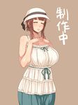  bare_shoulders breasts brown_background brown_eyes closed_eyes dress enoshima_iki hat large_breasts light_smile lips mature original simple_background smile solo translated 