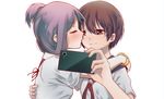  arm_around_shoulder blurry brown_hair cellphone cheek_kiss closed_eyes depth_of_field kiss kyoukomiyanaga md5_mismatch miyanaga_saki multiple_girls phone purple_hair saki school_uniform self_shot serafuku short_hair simple_background smartphone suehara_kyouko white_background yuri 