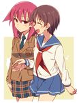  brown_hair closed_eyes kiyosumi_school_uniform medium_hair miyanaga_saki miyanaga_teru multiple_girls neckerchief pleated_skirt red_hair red_neckwear saki school_uniform serafuku short_hair siblings simple_background sisters skirt smile tsuchinoko_(muni_muni) walking 