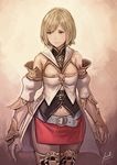  anbe_yoshirou ashelia_b'nargin_dalmasca belt blonde_hair breasts cleavage detached_sleeves final_fantasy final_fantasy_xii highres looking_to_the_side medium_breasts midriff navel short_hair skirt solo thighhighs 