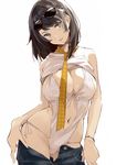  argyle_neckwear ass_visible_through_thighs bangs black_hair blue_eyes bracelet breasts cleavage contrapposto cowboy_shot eyebrows_visible_through_hair eyewear_on_head front-tie_top head_tilt hips jewelry kekemotsu large_breasts looking_at_viewer medium_hair navel necktie one-piece_swimsuit original pants_pull parted_lips shirt shirt_lift side-tie_swimsuit simple_background smile solo standing sunglasses swept_bangs swimsuit swimsuit_under_clothes thighs tsurime white_background white_shirt white_swimsuit yellow_neckwear 