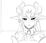  armor black_sclera blush d: demon_girl druella earrings greyscale horns jewelry less lilim_(monster_girl_encyclopedia) long_hair looking_at_viewer monochrome monster_girl_encyclopedia open_mouth pointy_ears sitting tattoo 