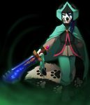  5_fingers anthro black_background black_nose blue_hair canine clothed clothing dalmatian dog dust:_an_elysian_tail green_eyes hair holding_object holding_weapon kero_tzuki male mammal melee_weapon simple_background smile sword weapon 