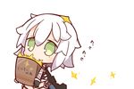  bandaged_arm bandages chestnut_mouth chibi fate/grand_order fate_(series) gameplay_mechanics gloves green_eyes jack_the_ripper_(fate/apocrypha) midriff nuu_(nu-nyu) object_on_head open_mouth scar scar_across_eye short_hair solo star translated white_hair 