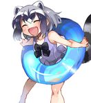  ^_^ ^o^ animal_ears bare_shoulders black_bow blue_innertube blush bow closed_eyes commentary_request common_raccoon_(kemono_friends) fang grey_hair hair_bow happy innertube kemono_friends multicolored_hair open_mouth raccoon_ears raccoon_tail simple_background smile solo tail two-tone_hair wagiyabosa_jirou white_background white_hair 