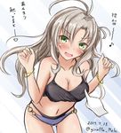  ahoge ass_visible_through_thighs bikini black_bikini blue_bikini blush bracelet breasts cleavage collarbone dated disembodied_limb embarrassed giraffe_(ilconte) green_eyes grey_hair heart jewelry kantai_collection kinugasa_(kantai_collection) leaning_forward long_hair medium_breasts open_mouth poking remodel_(kantai_collection) sketch spoken_heart striped striped_background swimsuit translated twitter_username upper_body 