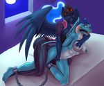  2016 alternate_version_available anthro ball_gag bdsm bed blush bondage bound breasts chain cum dragon duo equine feathered_wings feathers female female/female friendship_is_magic gag horn looking_at_viewer mammal megablack0x membranous_wings my_little_pony nipples nude overwatch princess_ember_(mlp) princess_luna_(mlp) pussy pussy_juice teeth video_games widowmaker_(overwatch) winged_unicorn wings 