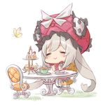  bug butterfly cake chair closed_eyes dress fate/grand_order fate_(series) food gloves hat insect long_hair marie_antoinette_(fate/grand_order) nunohashi_(shock_wave) silver_hair sitting smile solo table twintails 