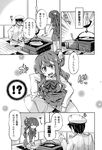  1girl admiral_(kantai_collection) angry bow bowtie breasts comic dress fang fireplace greyscale hair_ribbon halftone hat highres imu_sanjo kantai_collection large_breasts long_hair long_sleeves military military_hat military_uniform monochrome naganami_(kantai_collection) naval_uniform open_mouth panties pantyhose pantyshot pantyshot_(sitting) peaked_cap pot ribbon school_uniform seiza shirt sitting skirt sleeveless sleeveless_dress t_mask translated underwear uniform wavy_hair 