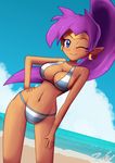  1girl ;) beach bikini blue_eyes blush breasts cleavage dark_skin day hand_on_hips hips looking_at_viewer navel ocean ponytail purple_hair shantae shantae:_half-genie_hero shantae_(character) shantae_(series) sky smile solo striped_bikini 