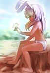  animal_ears barefoot bug bunny_ears butterfly day highres insect long_hair navel no_pants no_tail original outdoors outstretched_arm panties pink_eyes pink_hair sitting solo topless tree_stump underwear underwear_only white_panties zrero 