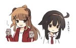  ahoge animal_ears asahi_breweries bangs bear_ears beer_can black_eyes black_hair brown_eyes brown_hair can closed_mouth eyebrows_visible_through_hair hair_between_eyes hair_flaps hair_ornament hairband hands_up higuma_(natsuki_teru) jacket jitome long_hair multiple_girls natsuki_teru open_clothes open_jacket original ponytail school_uniform shaded_face shikibe_ayaka short_hair_with_long_locks sidelocks simple_background smile sweatdrop translated white_background x_hair_ornament 