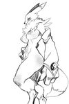  absurd_res anthro arm_warmers armwear big_breasts big_nipples breasts bridal_gauntlets clothing digimon female hi_res jijis-waifus looking_back monochrome nipples nude renamon simple_background solo standing white_background yin_yang 