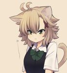  :t animal_ears arms_at_sides bangs beige_background blouse blush brown_hair cat_ears cat_tail closed_mouth eyebrows_visible_through_hair green_eyes hair_between_eyes hair_ornament natsuki_teru nekomiya_ryuu original pout school_uniform short_hair short_sleeves simple_background solo sweater_vest tail upper_body v-shaped_eyebrows white_blouse x_hair_ornament 