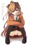  animal_ears asahi_breweries bangs bear_ears black_footwear black_legwear brown_eyes brown_hair character_name eyebrows_visible_through_hair hair_between_eyes hair_ornament higuma_(natsuki_teru) leg_hug loafers long_hair looking_at_viewer natsuki_teru open_mouth original panties pantyshot pantyshot_(sitting) pleated_skirt polka_dot polka_dot_panties ponytail red_skirt school_uniform shoes simple_background sitting skirt sleeves_past_wrists smile solo thighhighs thighs underwear upskirt white_background x_hair_ornament 