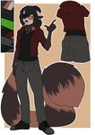  2016 anthro black_hair boots brown_fur clothing eye_patch eyewear fluffy fluffy_tail footwear fur green_eyes hair jacket jewelry long_tail male mammal model_sheet necklace rear_view red_panda simple_background striped_tail stripes suelix zalden_urn 