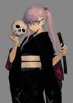  bad_id bad_pixiv_id black_kimono closed_mouth glasses grey_background hair_bobbles hair_ornament hirota_tsuu holding holding_sheath japanese_clothes kimono long_hair looking_at_viewer obi original purple_eyes purple_hair sash sheath simple_background skull solo twintails 