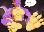  2017 4_toes anthro bulge claws clothed clothing dragon english_text fangs horn male muscular partially_clothed scalie simple_background sitting solo tan_(artist) text toes topless underwear yellow_eyes 