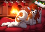  5_fingers anthro blue_eyes breasts brown_hair canine detailed_background digitigrade dog female feral fire fur hair husky kero_tzuki mammal nude pale_nose smile solo white_fur 