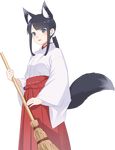  animal_ears bangs black_hair blue_eyes blush broom concon_confederation cowboy_shot eyebrows_visible_through_hair fox_ears fox_girl fox_tail hakama highres holding holding_broom japanese_clothes long_hair long_skirt long_sleeves looking_at_viewer low_ponytail miko open_mouth pleated_skirt ponytail red_skirt sidelocks skirt smile solo standing tail transparent_background tsuzurahara_kuro wide_sleeves yagi_(ningen) 