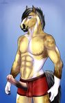  2017 5_fingers abs animal_genitalia animal_penis anthro black_hair black_skin blue_background blue_eyes brown_skin bulge cinta clothing equine equine_penis erection eyebrows hair horse looking_at_viewer male mammal medial_ring multicolored_hair multicolored_skin muscular penis pubes simple_background smile snout solo standing tan_skin underwear white_hair white_skin 