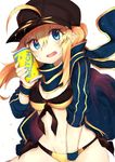  absurdres ahoge artoria_pendragon_(all) baseball_cap black_hat blonde_hair blue_eyes commentary_request fate/grand_order fate_(series) hair_between_eyes hat highres jacket long_hair looking_at_viewer mysterious_heroine_x open_mouth ranf scarf smile solo 